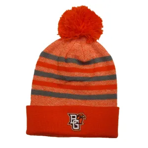 BGSU Orange and Grey Striped Pom Beanie