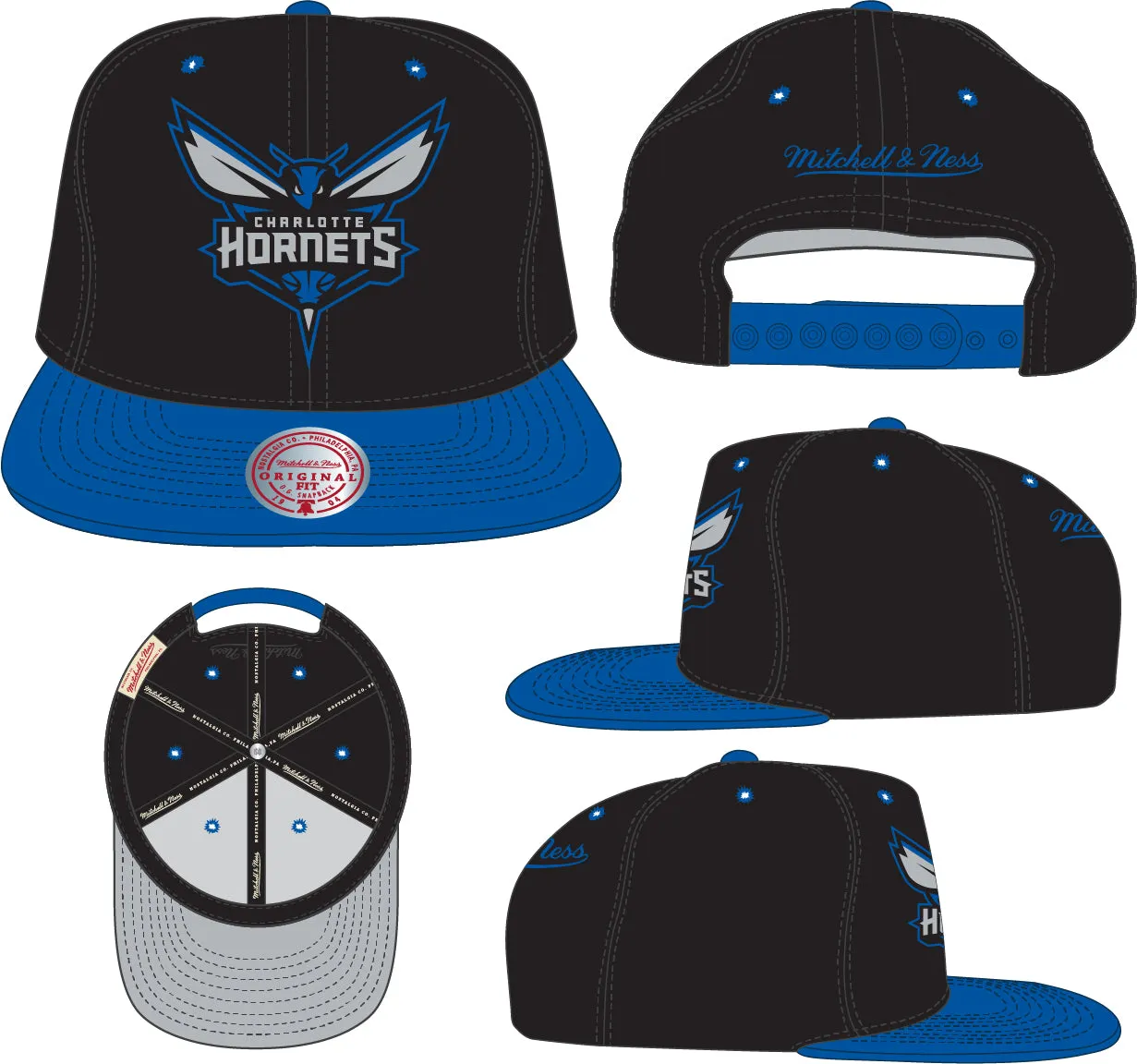 Men's Charlotte Hornets Mitchell & Ness NBA Black Royality Snapback Hat