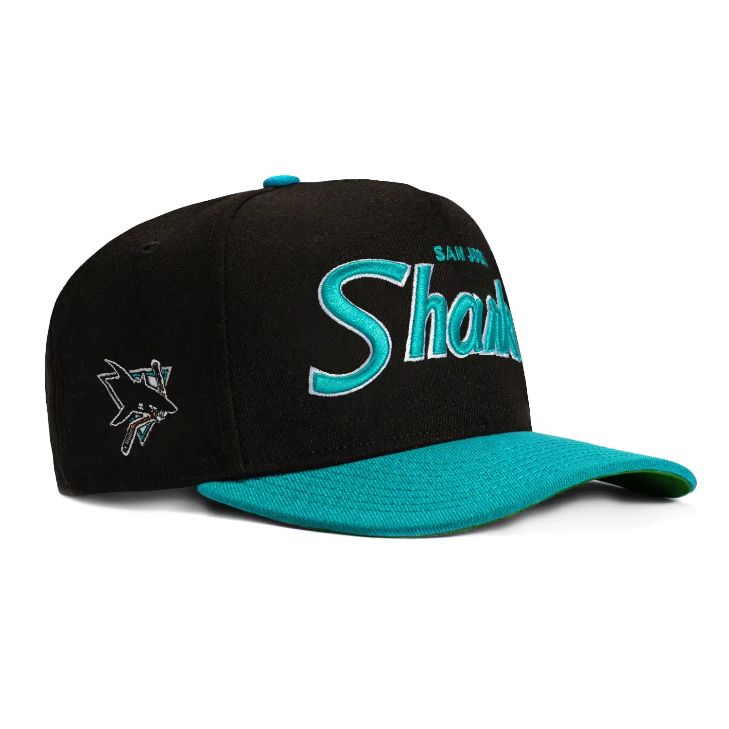 New Era 9Fifty A-Frame San Jose Sharks Logo Patch Script Snapback Hat - Black, Teal